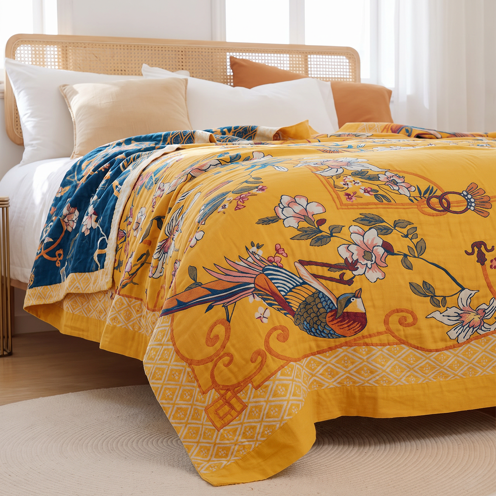 Chinoiserie Bird & Magnolia Cotton Blanket - lifestyle