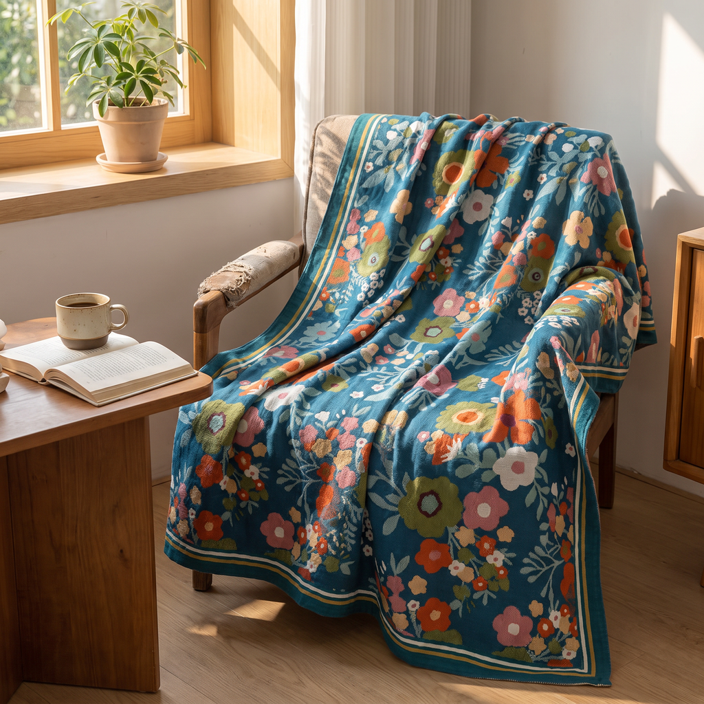 Wildflower Meadow Cotton Blanket with Striped Border - lifestyle