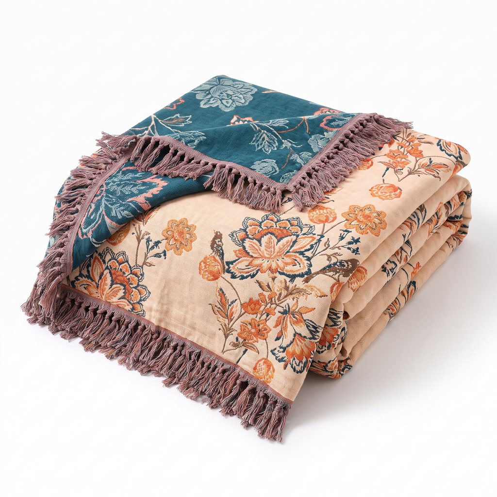 Coral Peony & Teal Boho Cotton Throw