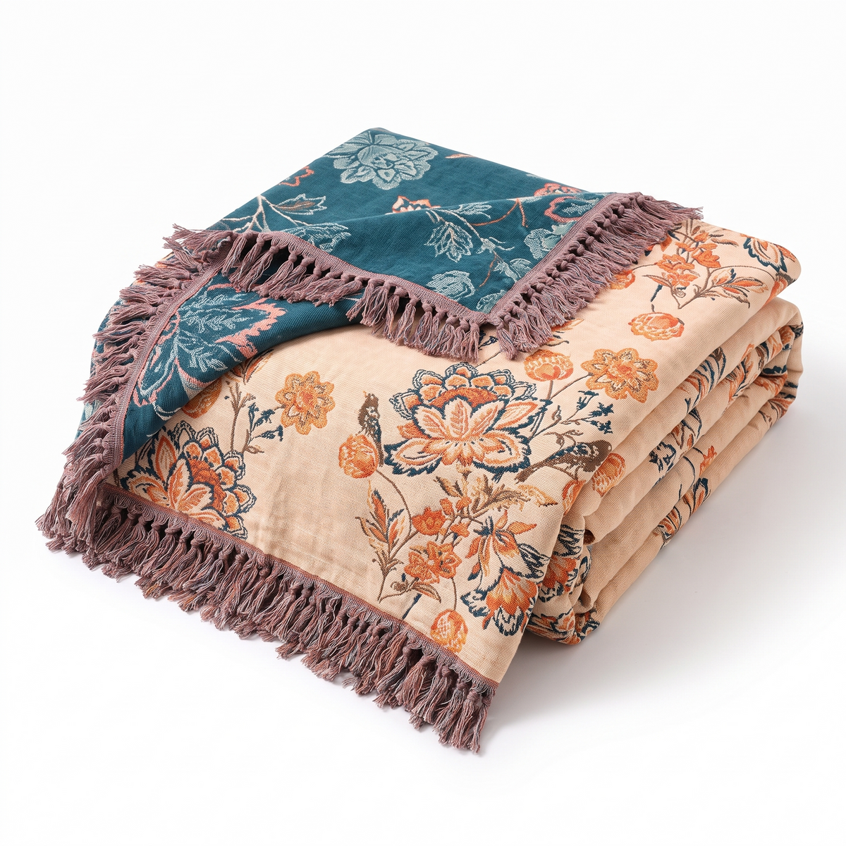 Coral Peony & Teal Boho Cotton Throw