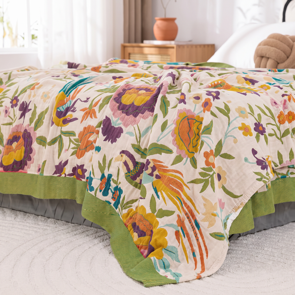 Folk Floral & Bird Reversible Cotton Gauze Coverlet - lifestyle
