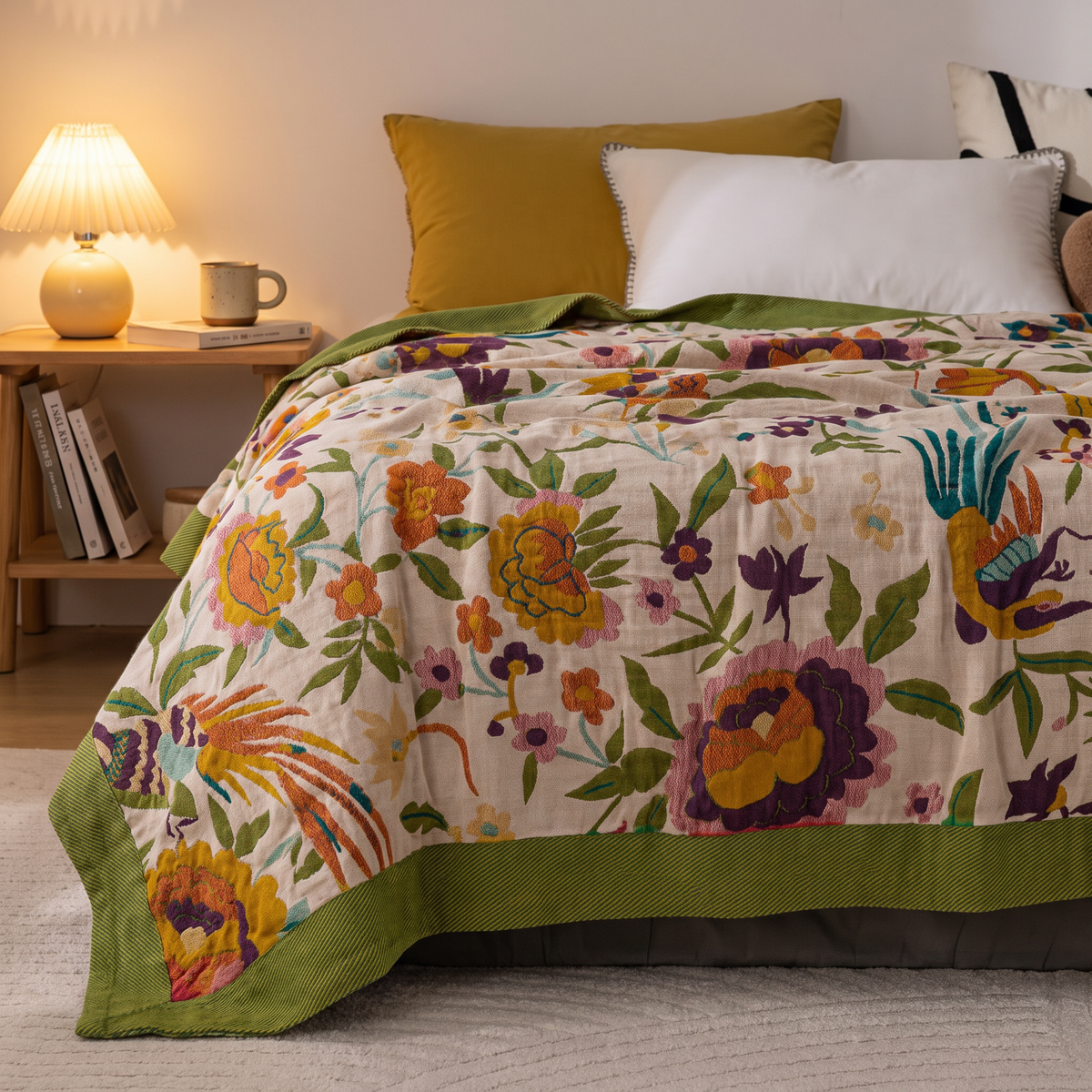 Folk Floral & Bird Reversible Cotton Gauze Coverlet - lifestyle