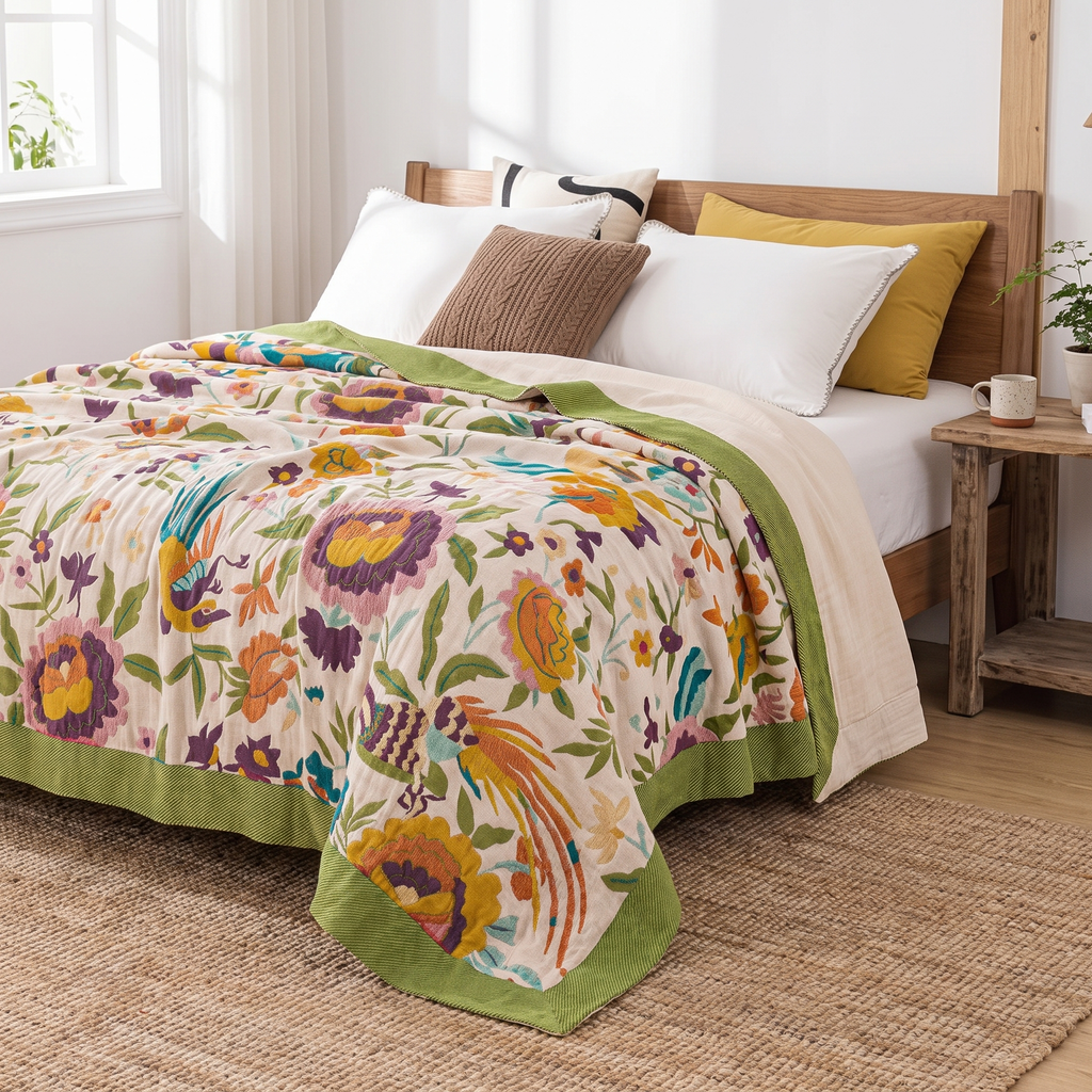 Folk Floral & Bird Reversible Cotton Gauze Coverlet - lifestyle