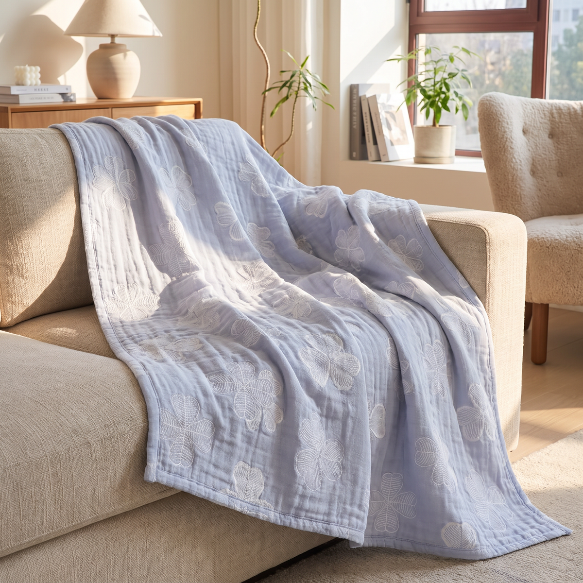 Four-Leaf Clover Three-Layer Organic Gauze Blanket - lifestyle