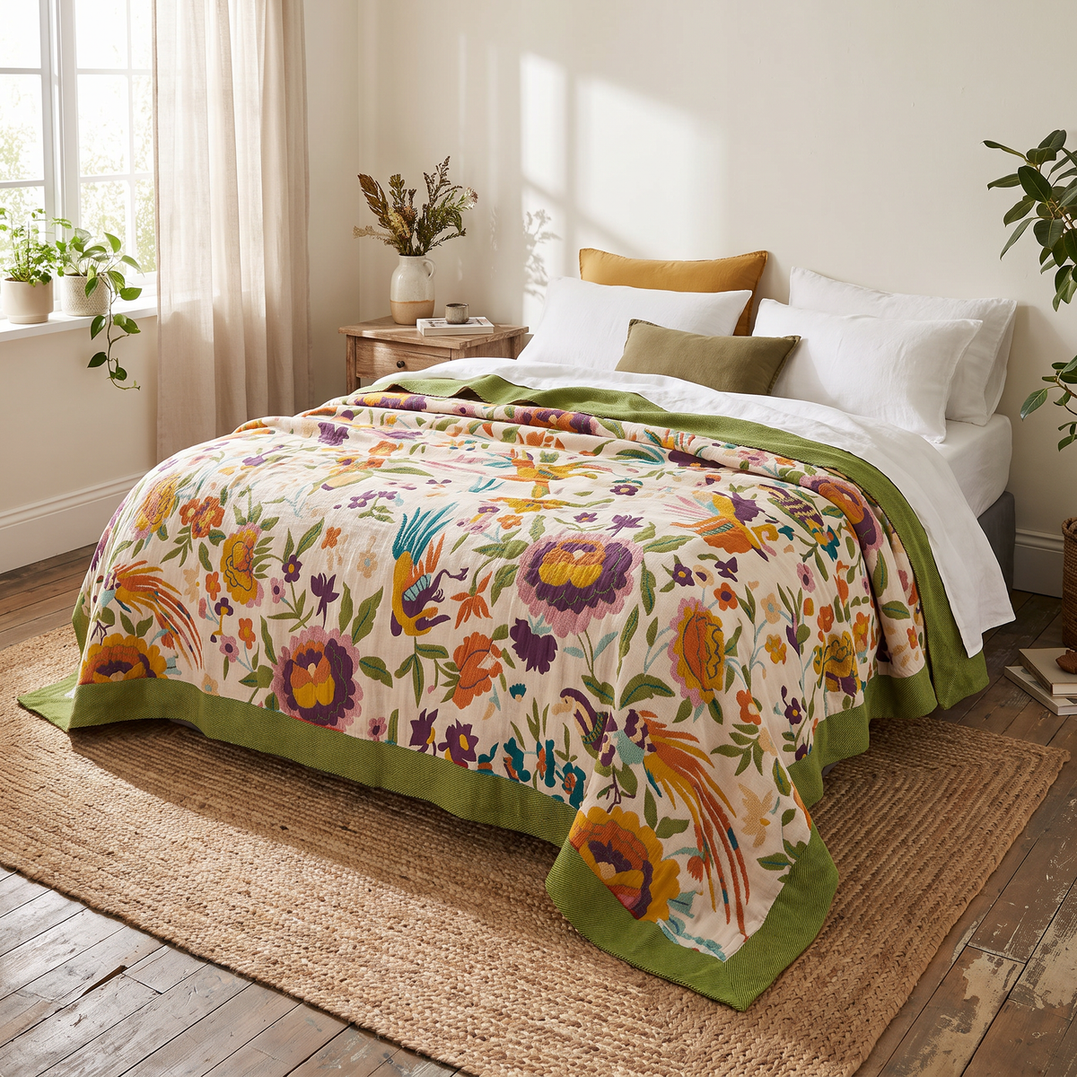 Folk Floral & Bird Reversible Cotton Gauze Coverlet - lifestyle