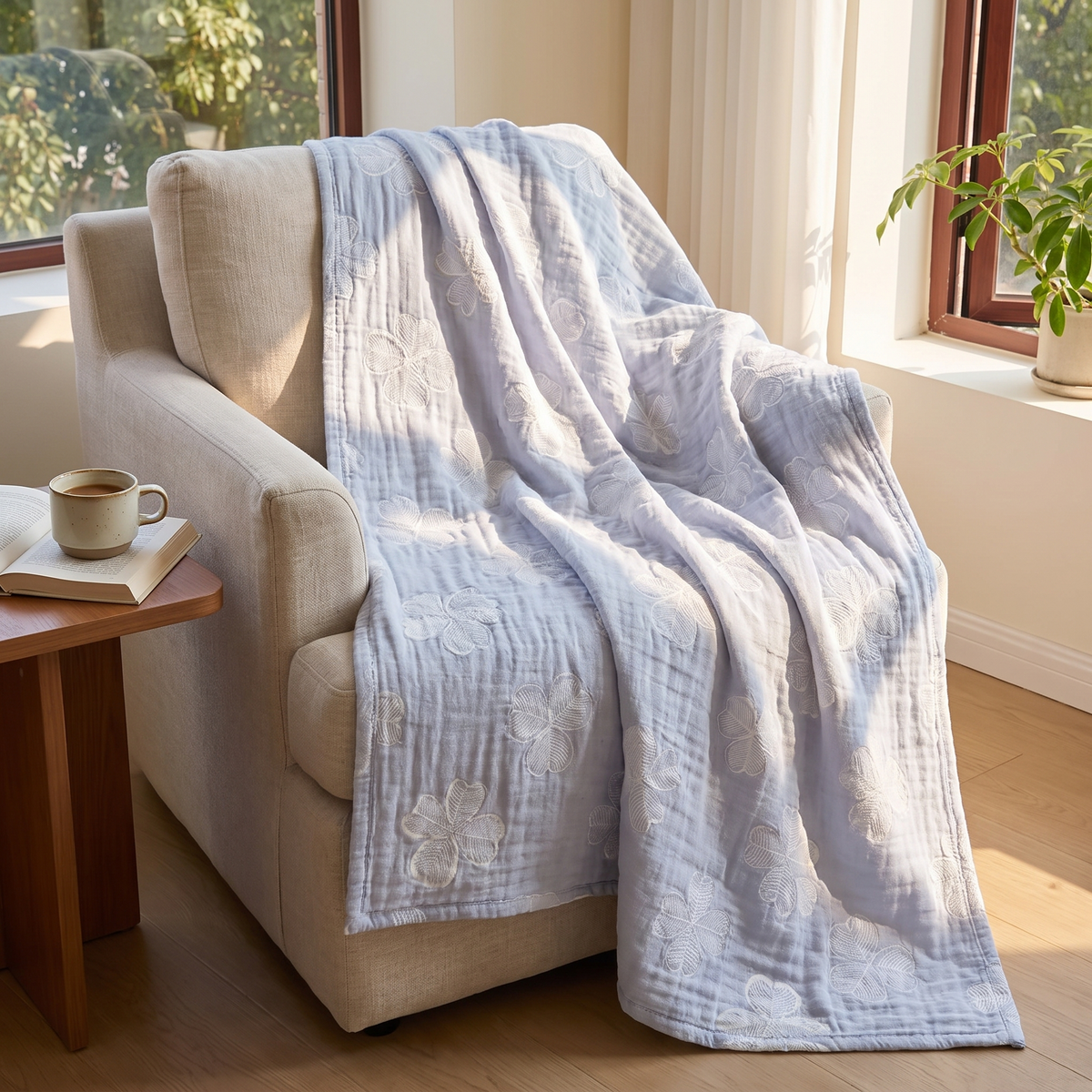 Four-Leaf Clover Three-Layer Organic Gauze Blanket - lifestyle