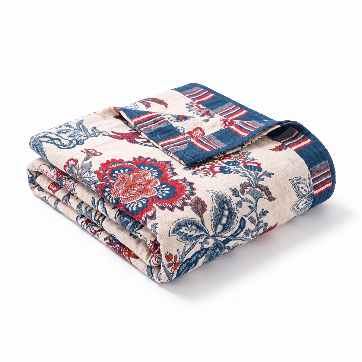 Vintage Botanical Print Woven Cotton Blanket with Striped Border