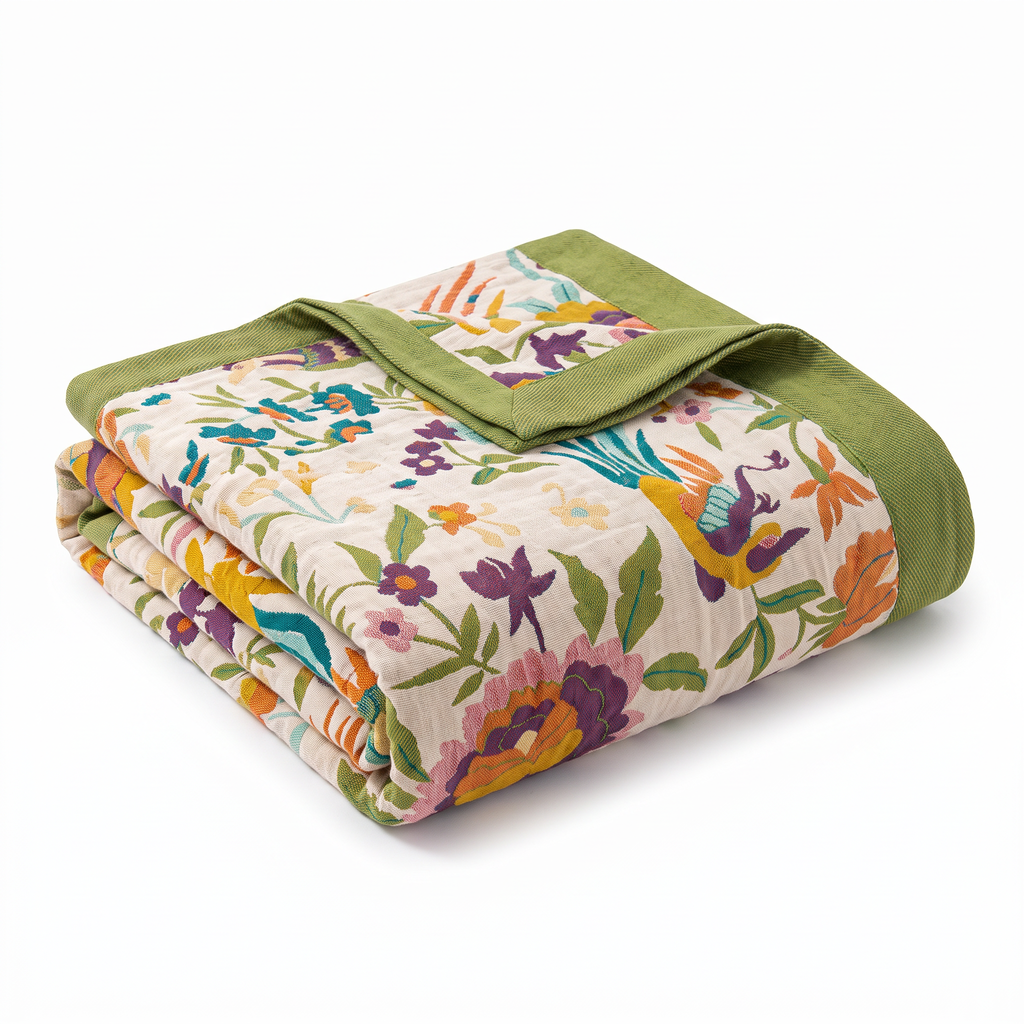 Folk Floral & Bird Reversible Cotton Gauze Coverlet