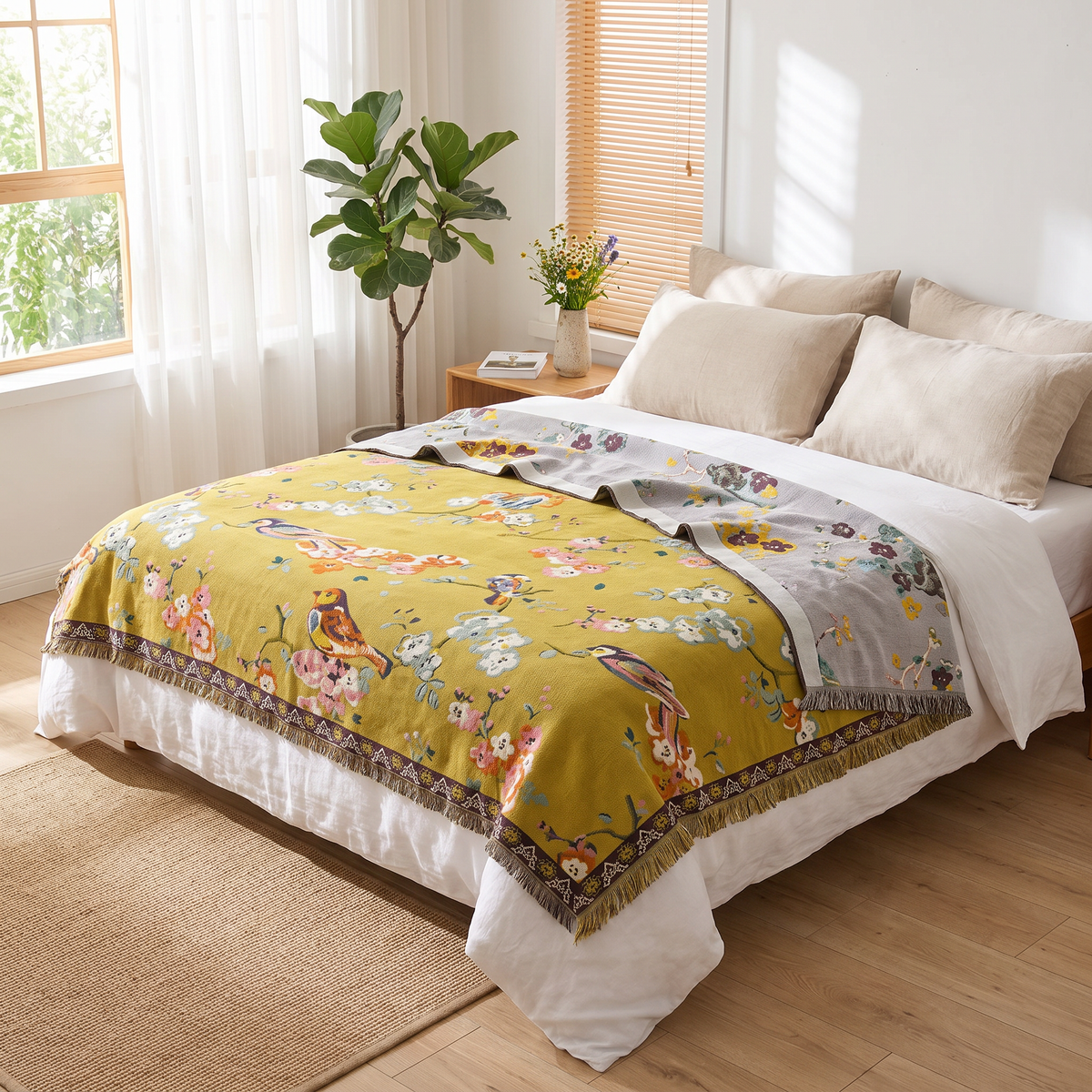 Mustard Garden Bird Double-Sided Jacquard Blanket - lifestyle