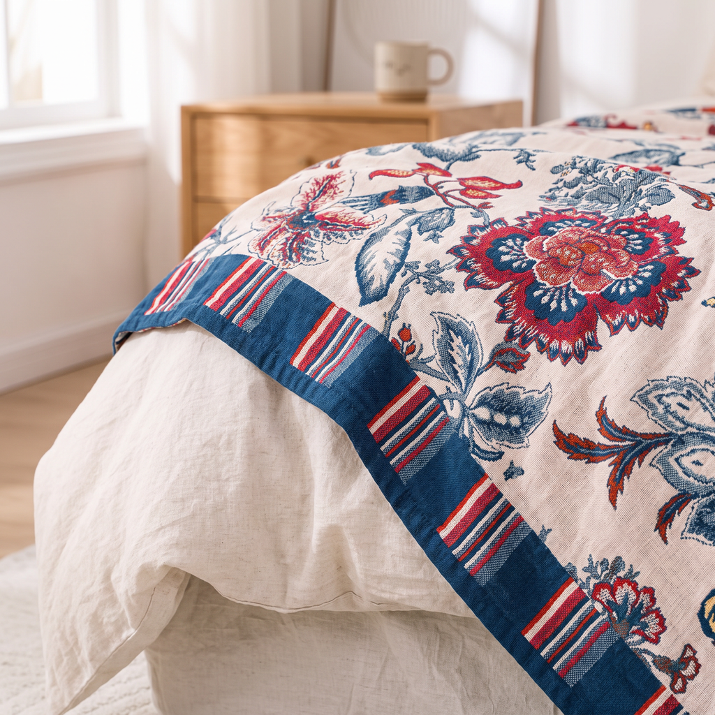 Vintage Botanical Print Woven Cotton Blanket with Striped Border - lifestyle