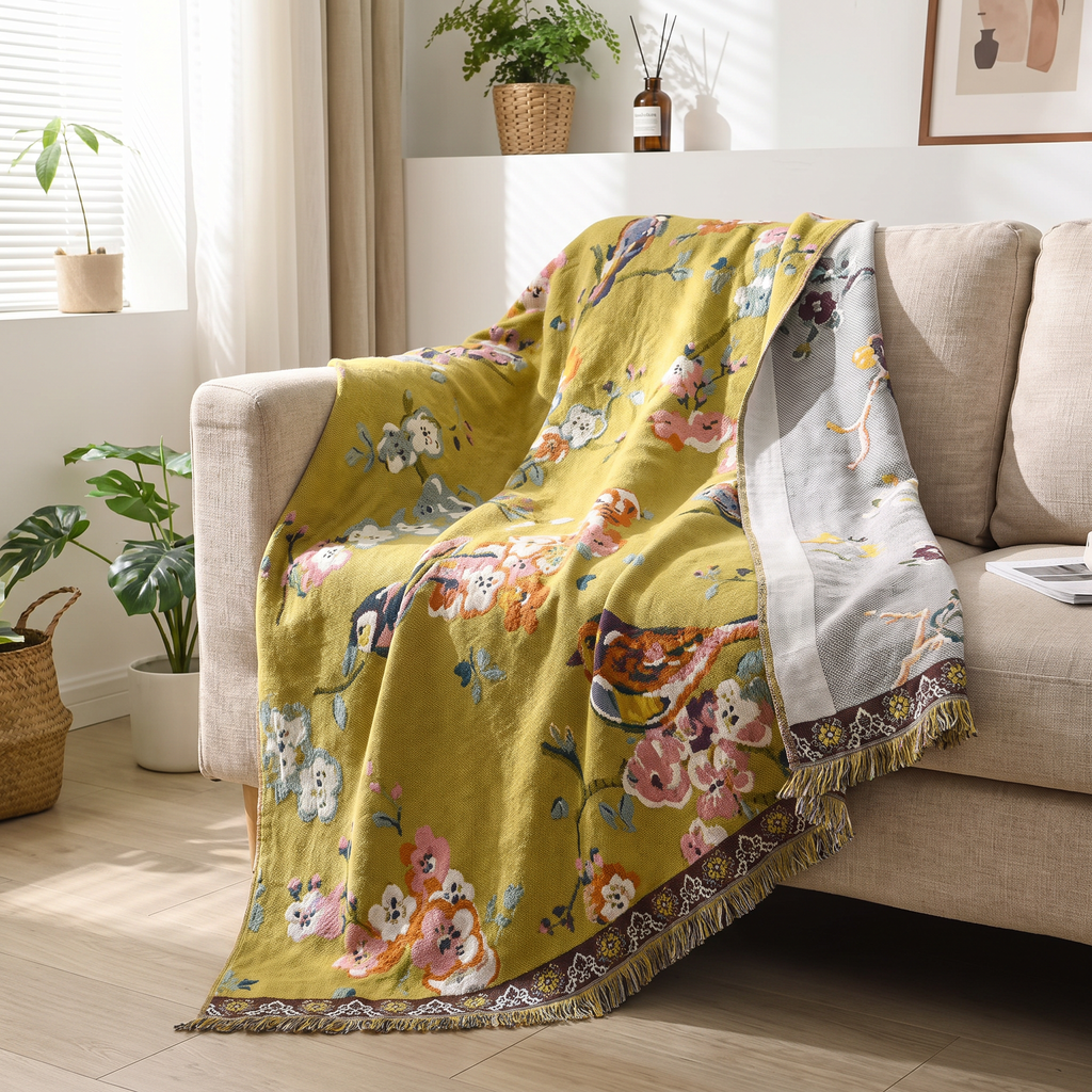 Mustard Garden Bird Double-Sided Jacquard Blanket - lifestyle