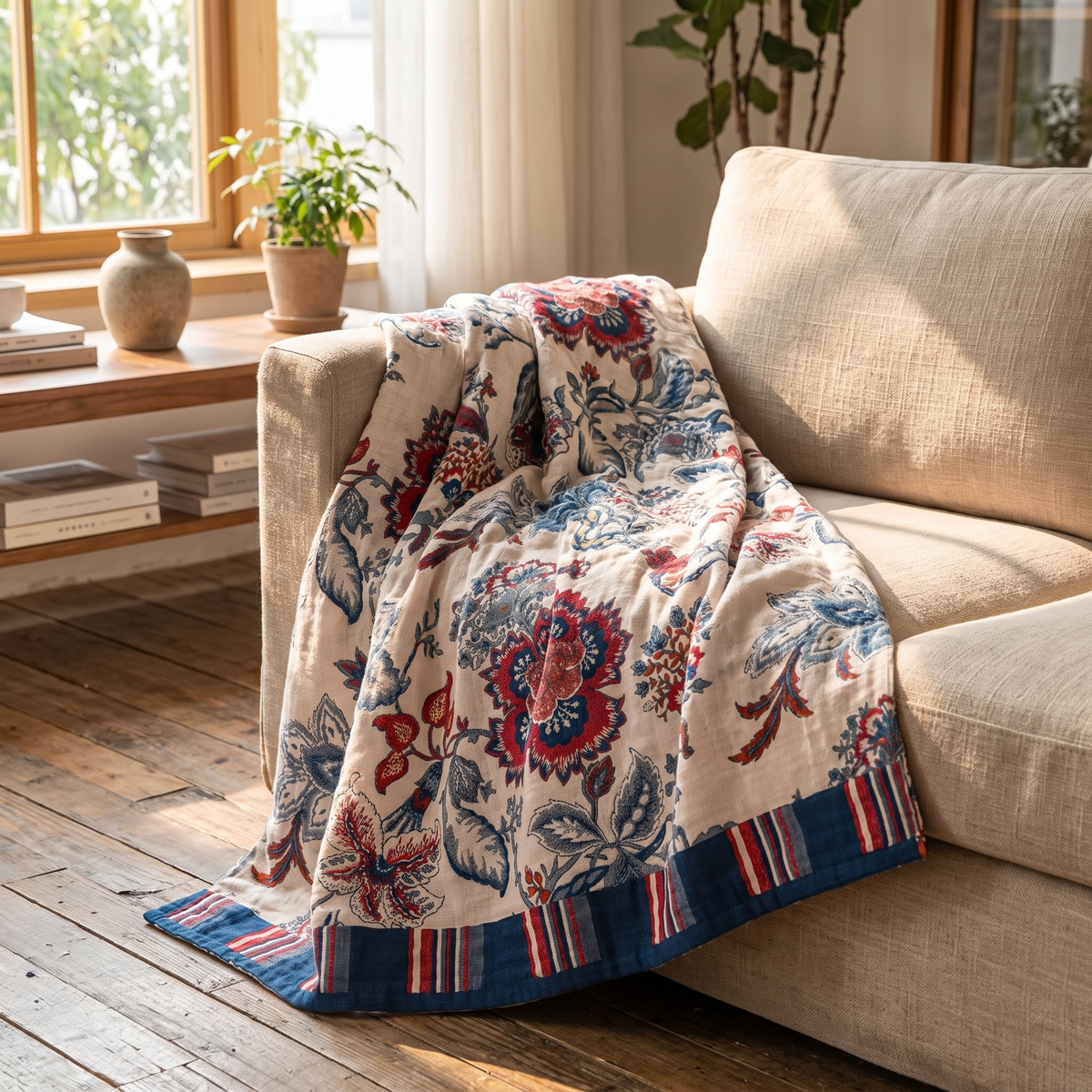 Vintage Botanical Print Woven Cotton Blanket with Striped Border - lifestyle