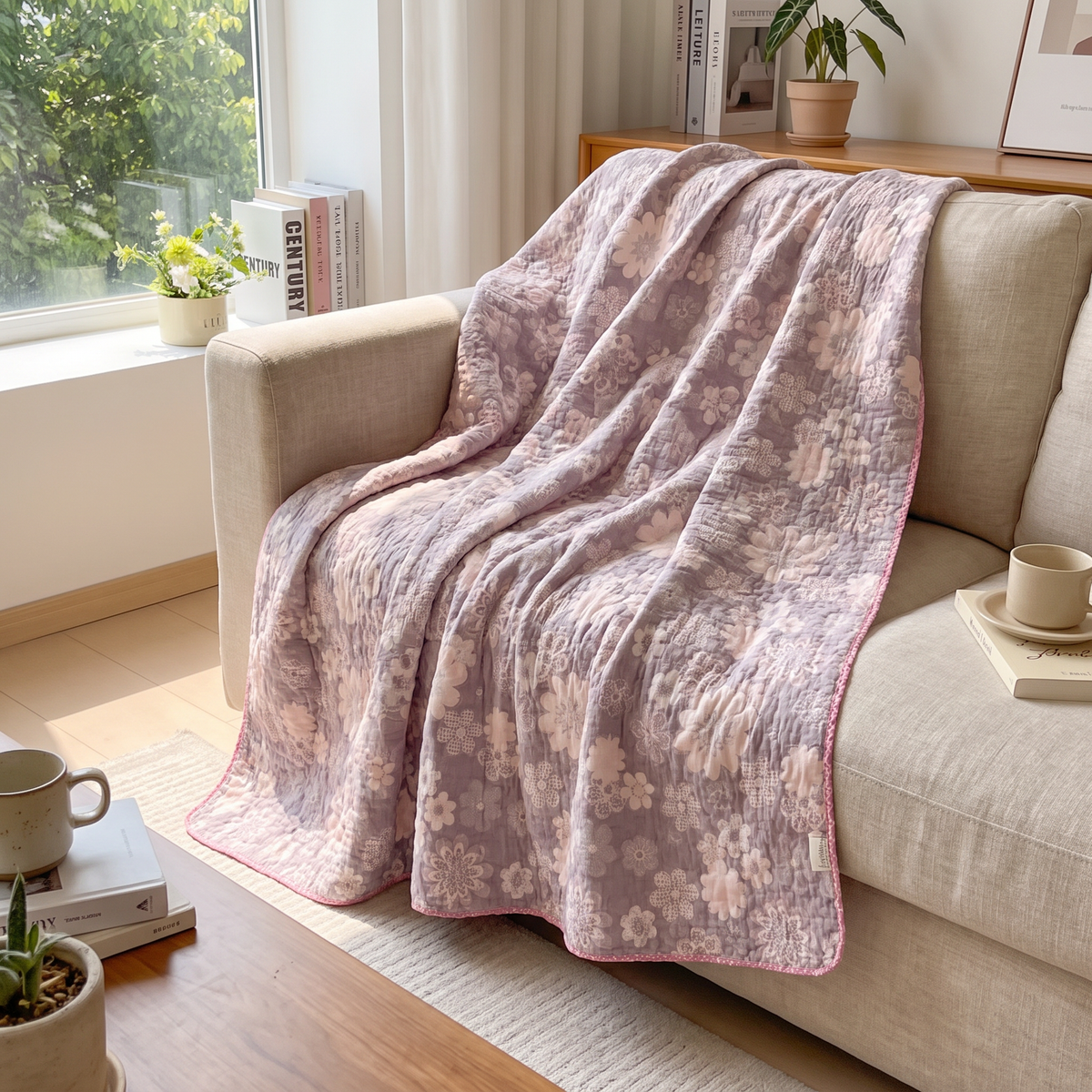 Mauve Rose Reversible Cotton Gauze Blanket - lifestyle