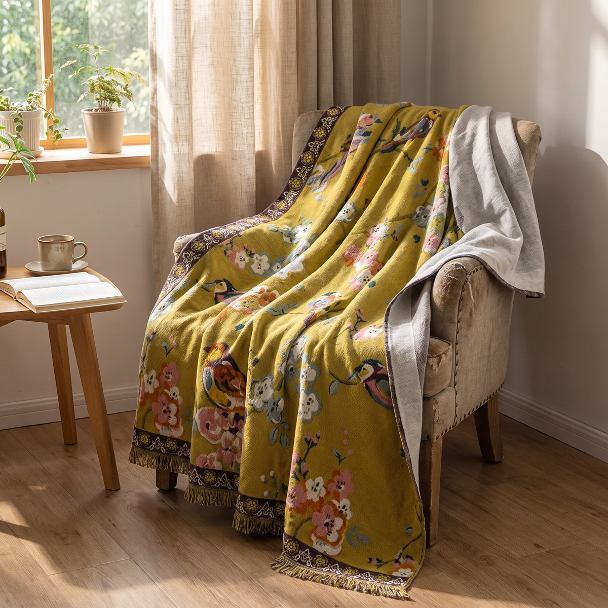 Mustard Garden Bird Double-Sided Jacquard Blanket - lifestyle