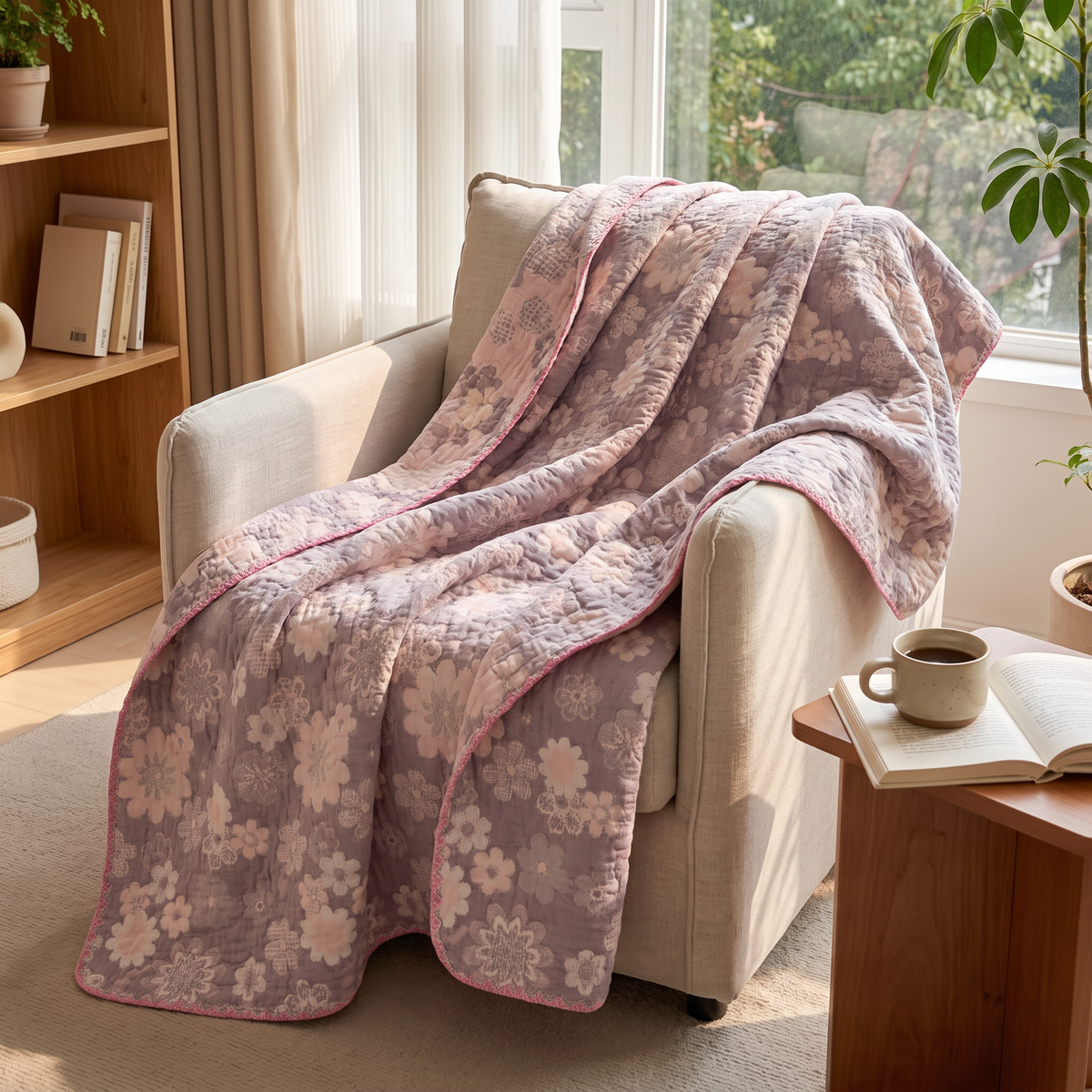 Mauve Rose Reversible Cotton Gauze Blanket - lifestyle