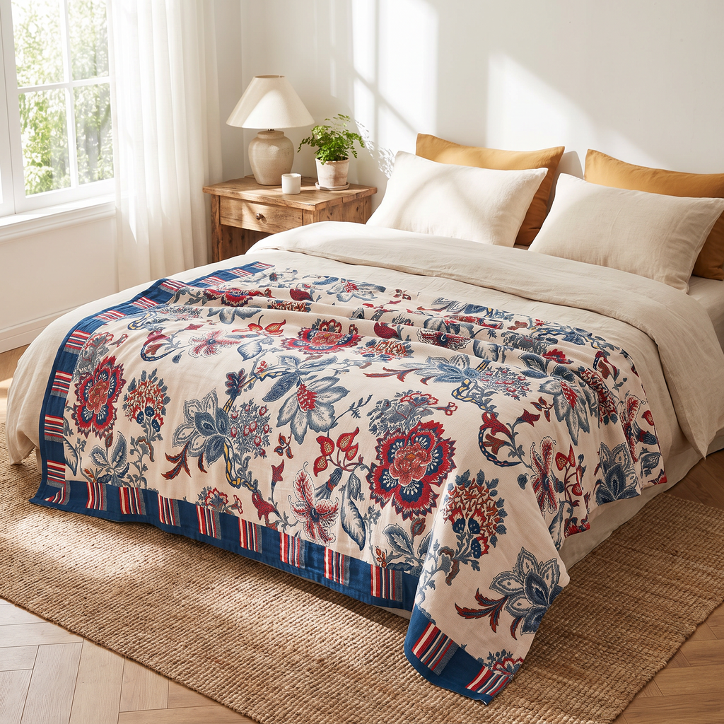 Vintage Botanical Print Woven Cotton Blanket with Striped Border - lifestyle