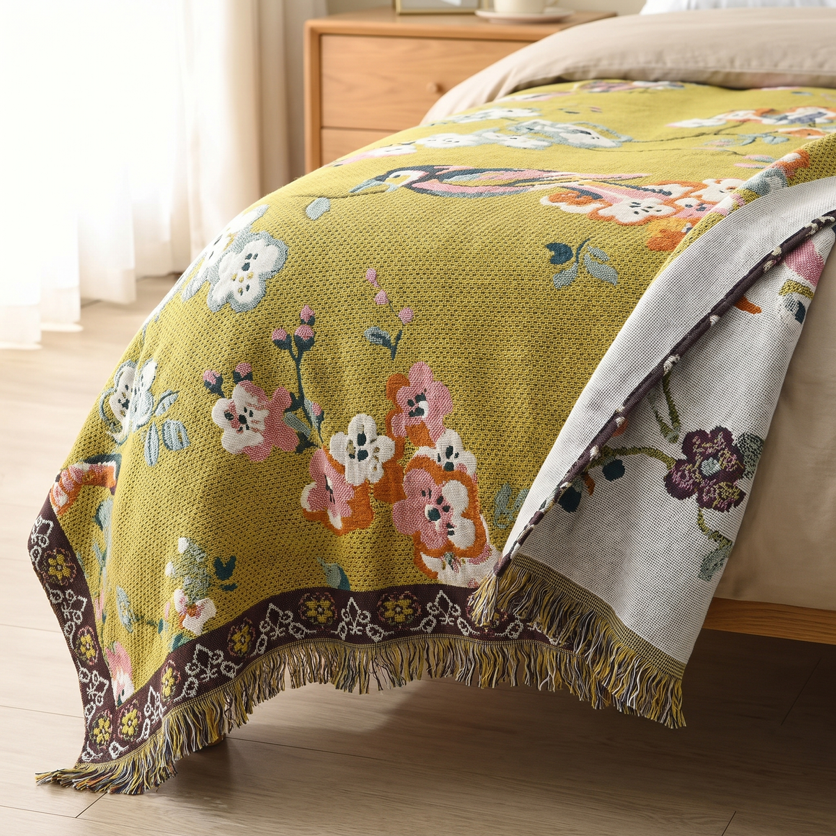 Mustard Garden Bird Double-Sided Jacquard Blanket - lifestyle