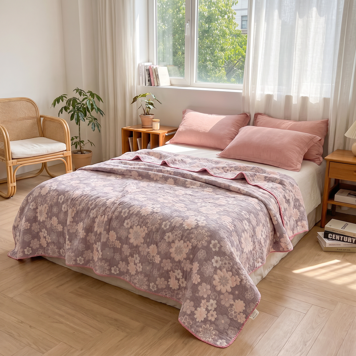 Mauve Rose Reversible Cotton Gauze Blanket - lifestyle