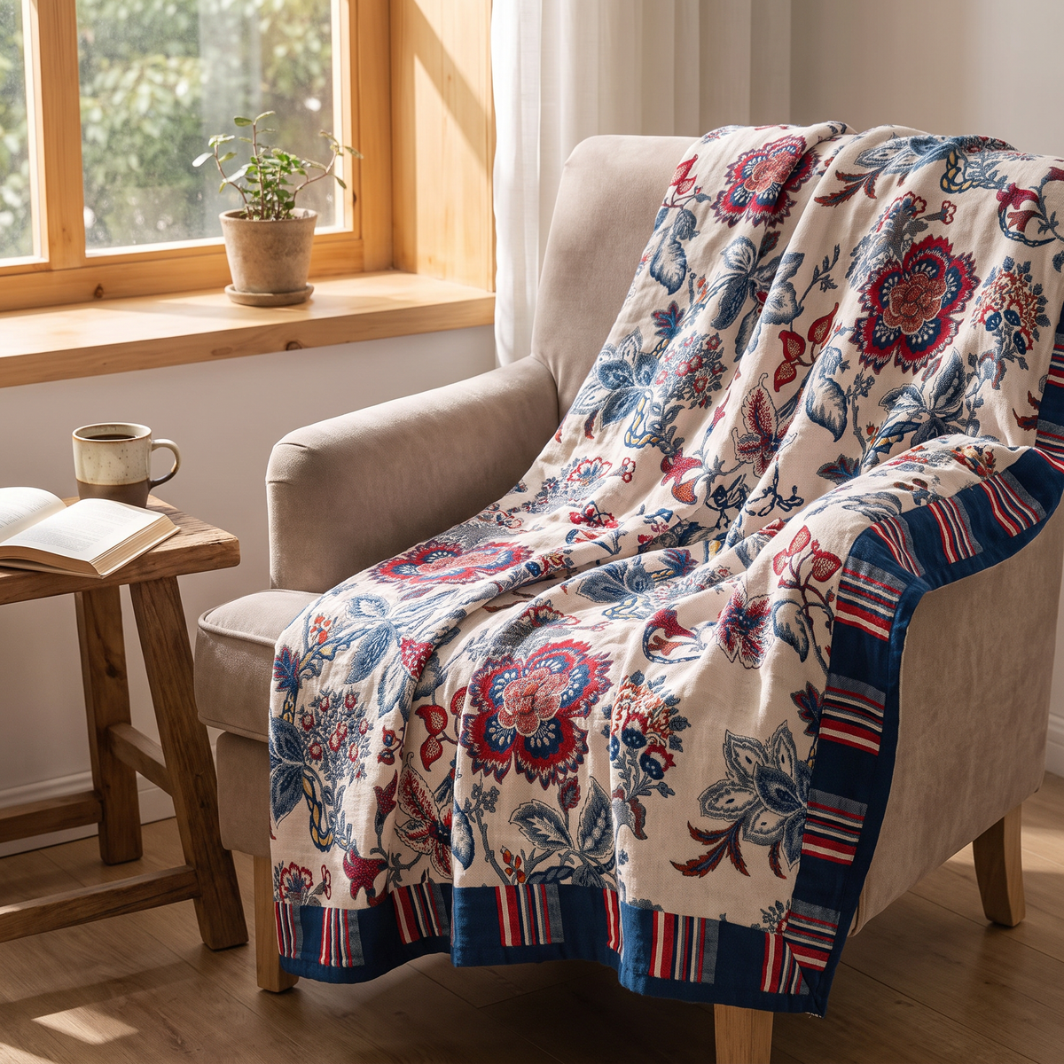 Vintage Botanical Print Woven Cotton Blanket with Striped Border - lifestyle