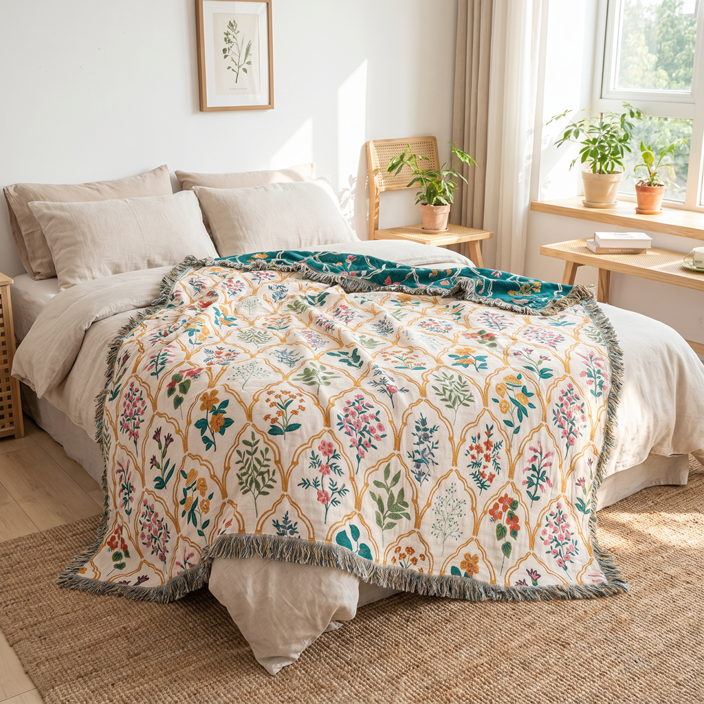 Ogee Lattice Floral Sprig Reversible Jacquard Blanket - lifestyle