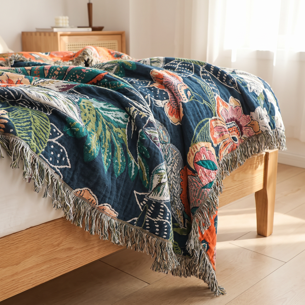 Navy Tropical Palm Reversible Gauze Blanket - lifestyle