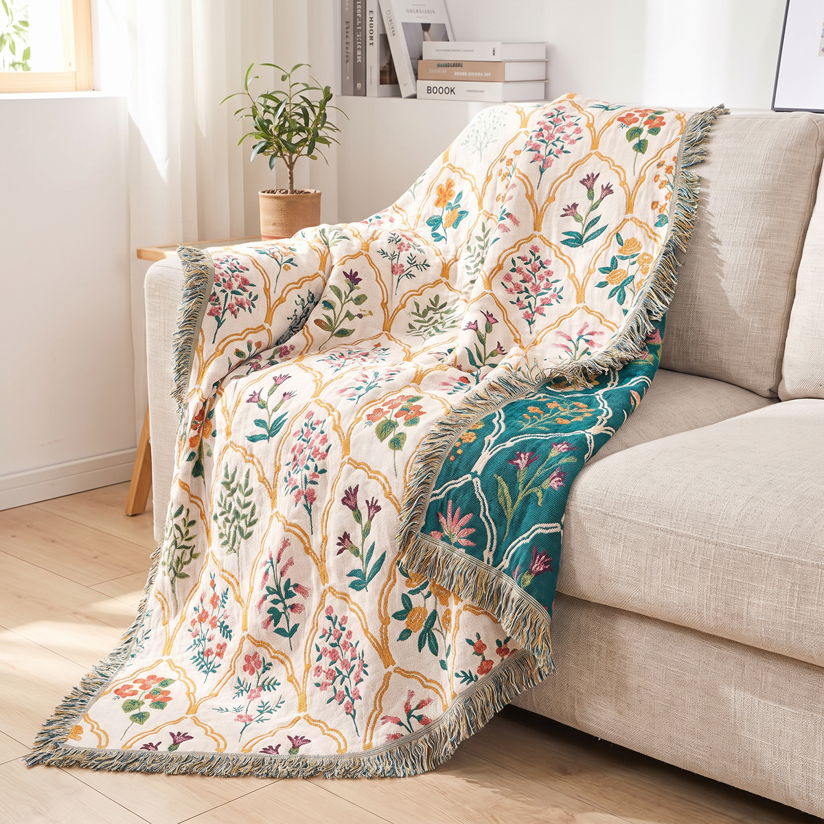 Ogee Lattice Floral Sprig Reversible Jacquard Blanket - lifestyle