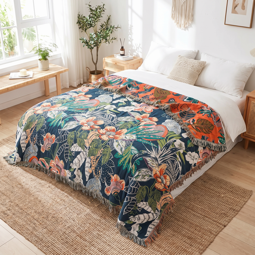 Navy Tropical Palm Reversible Gauze Blanket - lifestyle