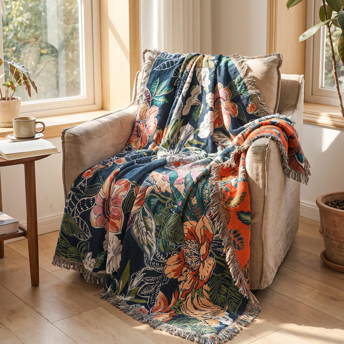 Navy Tropical Palm Reversible Gauze Blanket - lifestyle
