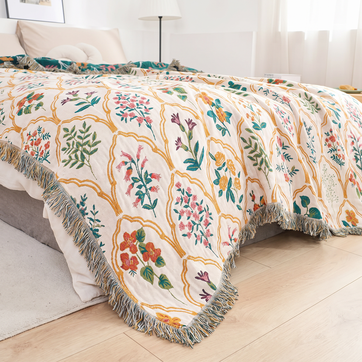 Ogee Lattice Floral Sprig Reversible Jacquard Blanket - lifestyle