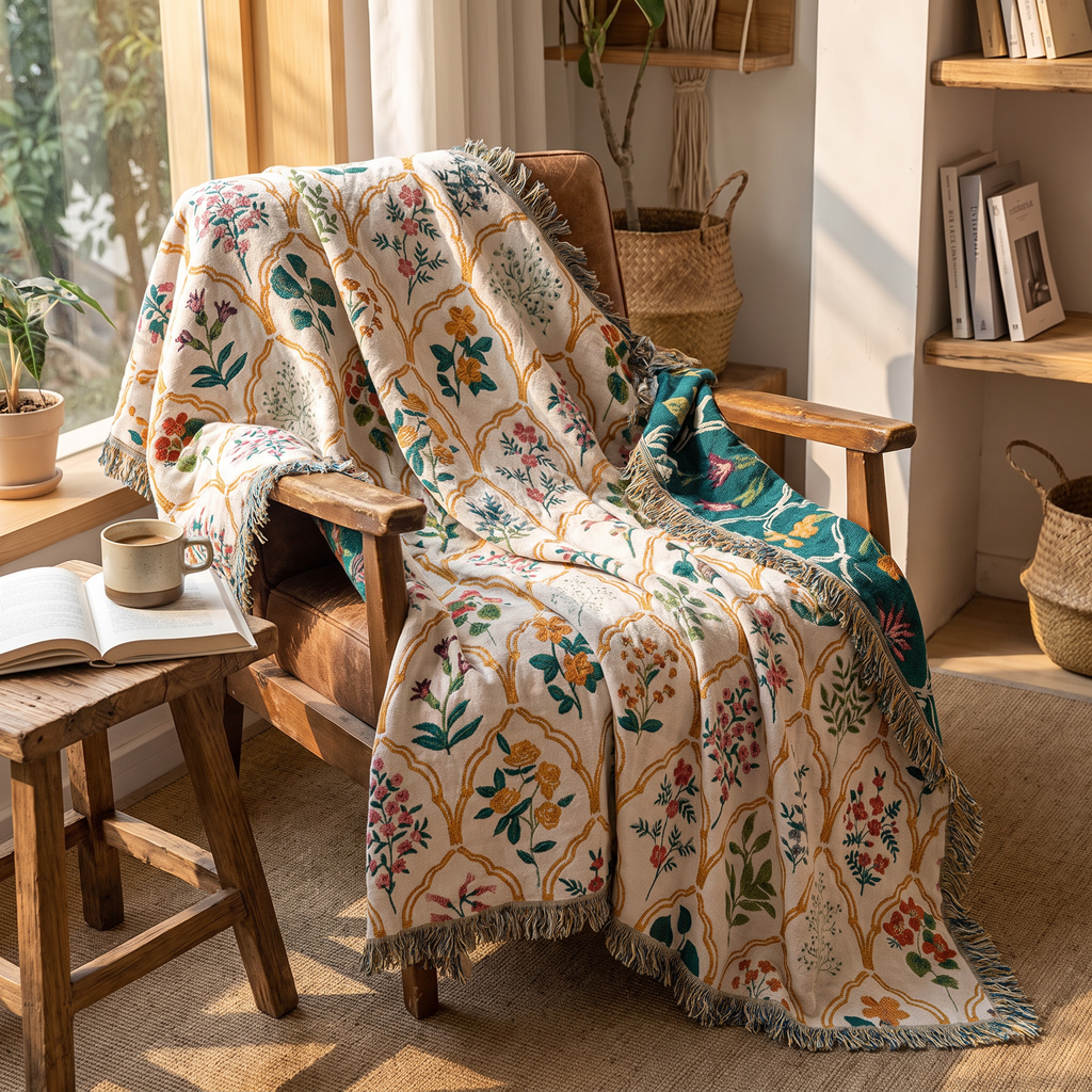 Ogee Lattice Floral Sprig Reversible Jacquard Blanket - lifestyle