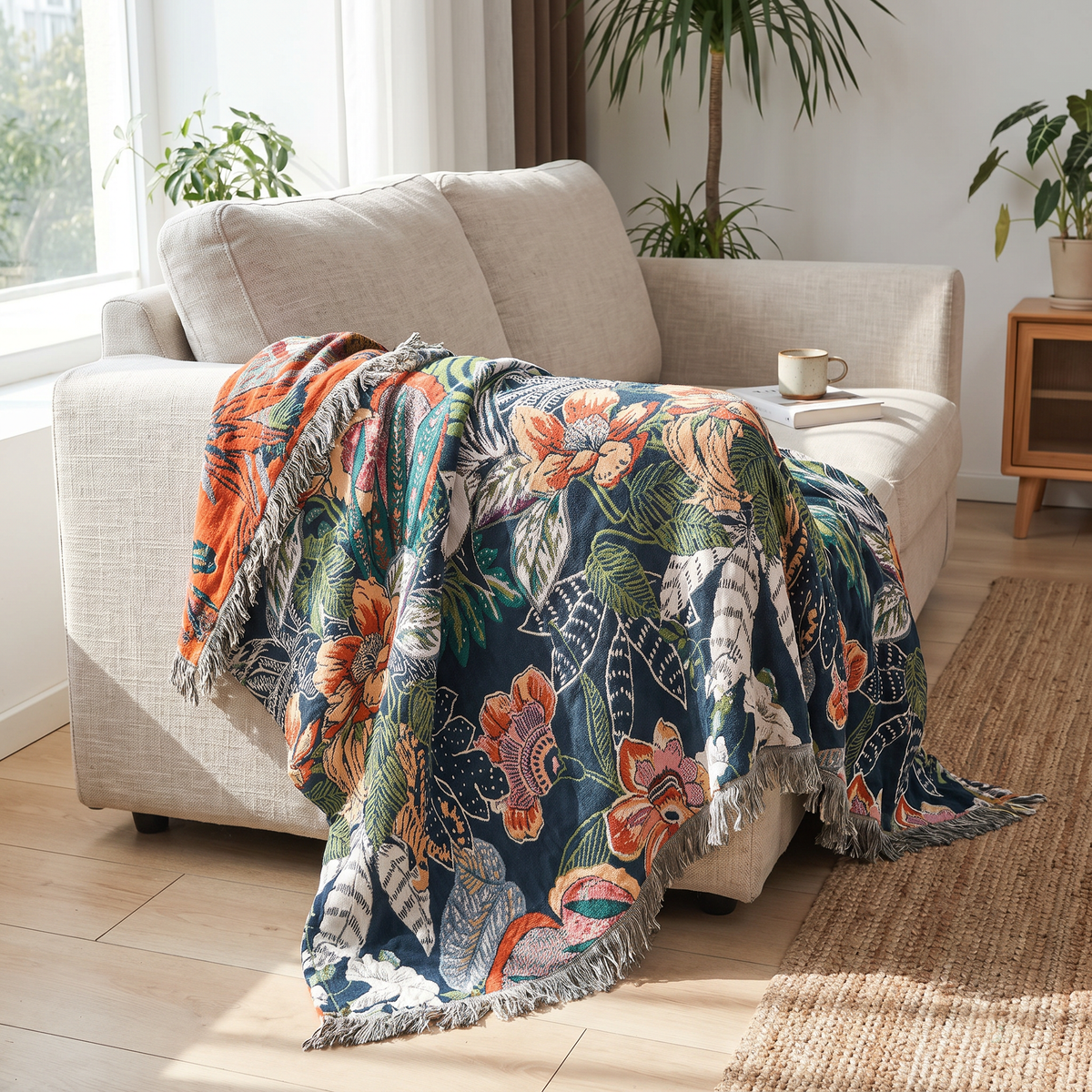 Navy Tropical Palm Reversible Gauze Blanket - lifestyle