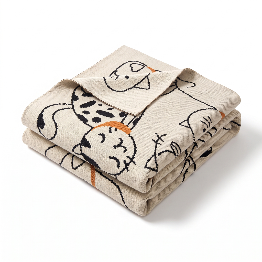 Line-Drawn Cat Jacquard Cotton Nap Blanket