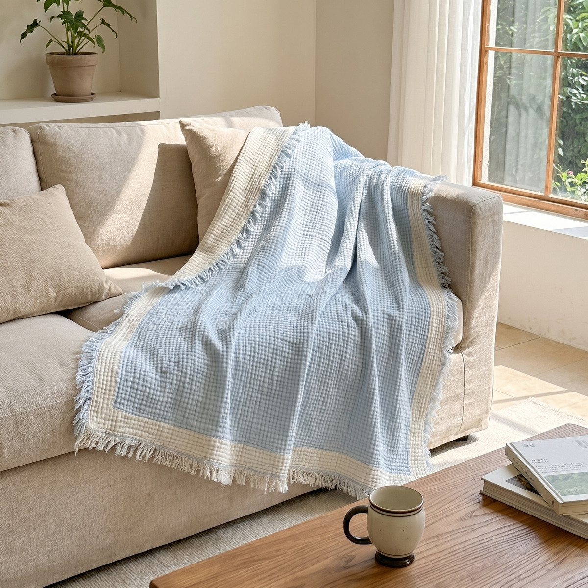Crinkle Muslin Gauze Blanket with Fringe - lifestyle