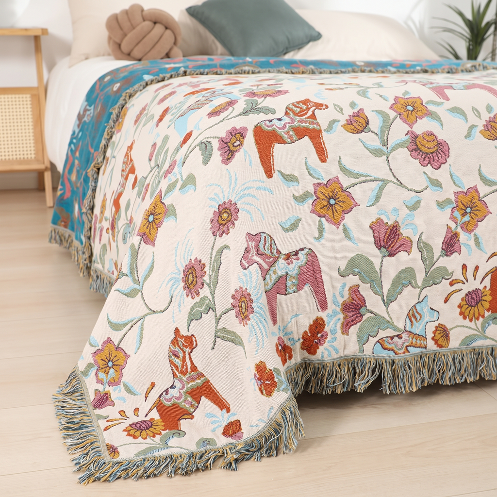 Folk Horse & Flower Reversible Cotton Blanket - lifestyle