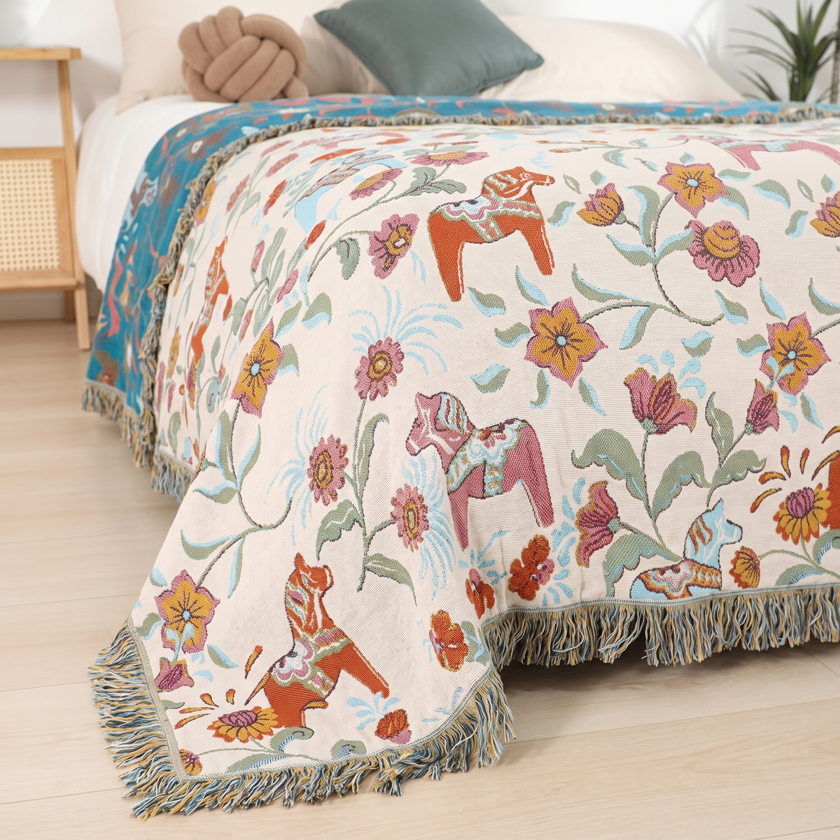 Folk Horse & Flower Reversible Cotton Blanket - lifestyle