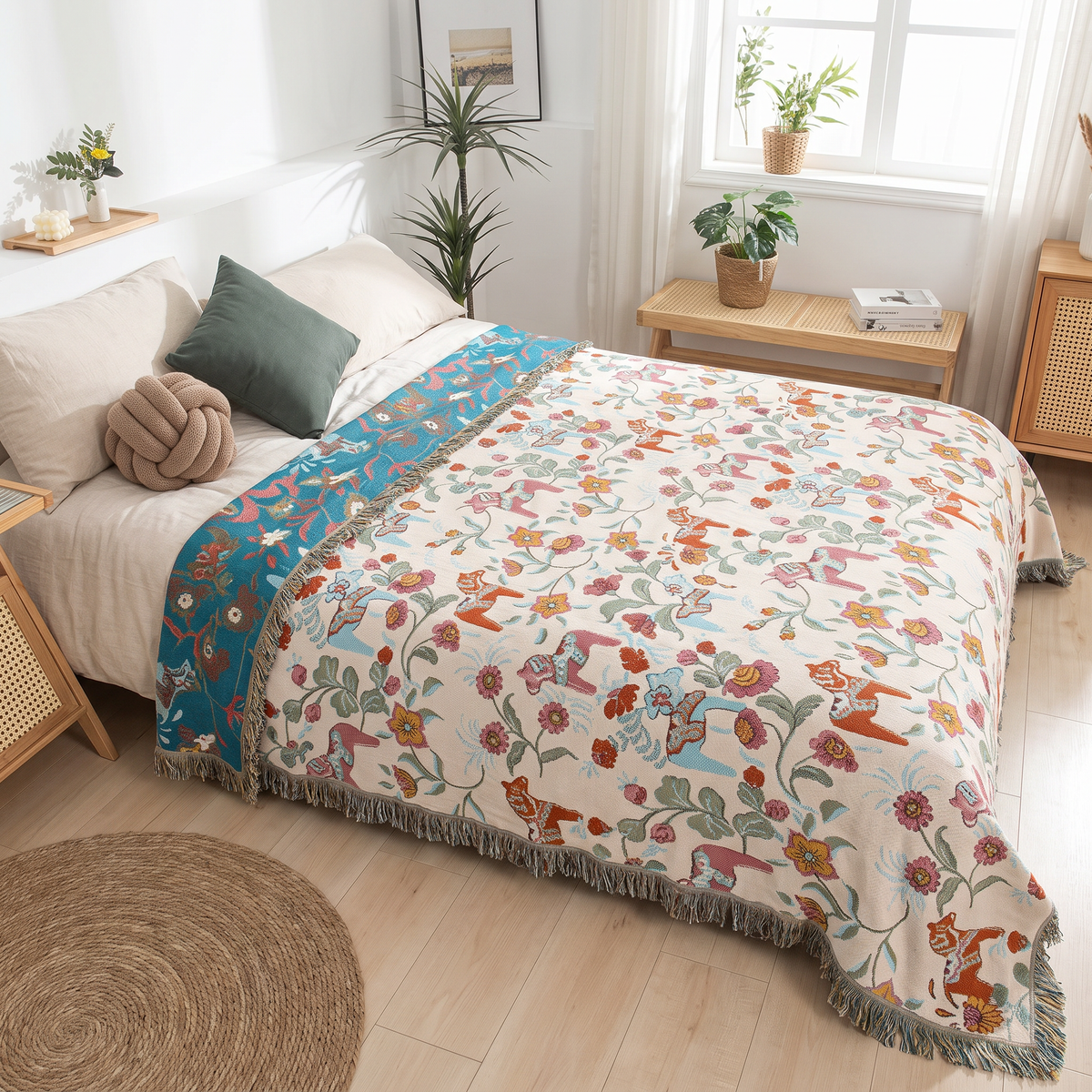 Folk Horse & Flower Reversible Cotton Blanket - lifestyle