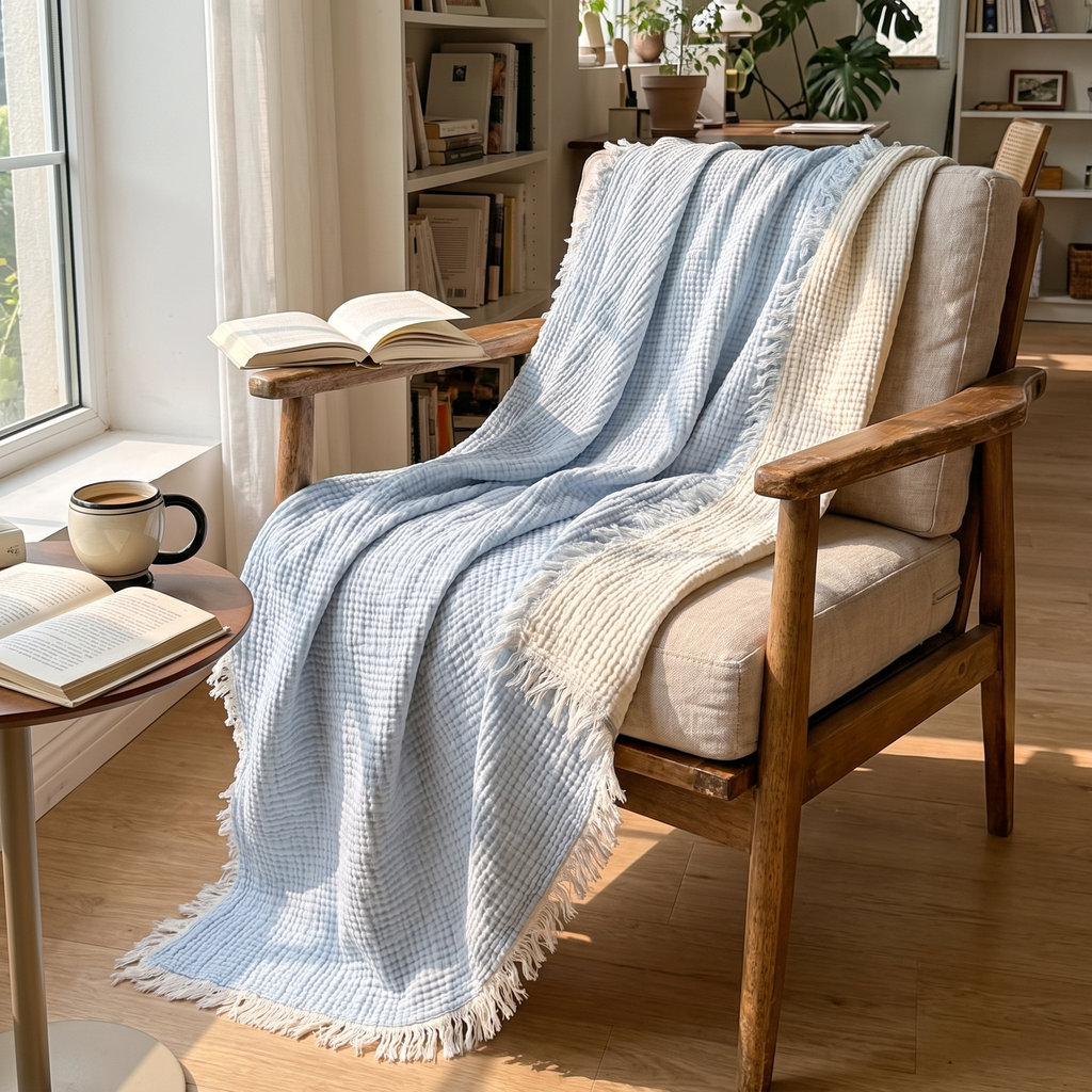 Crinkle Muslin Gauze Blanket with Fringe - lifestyle