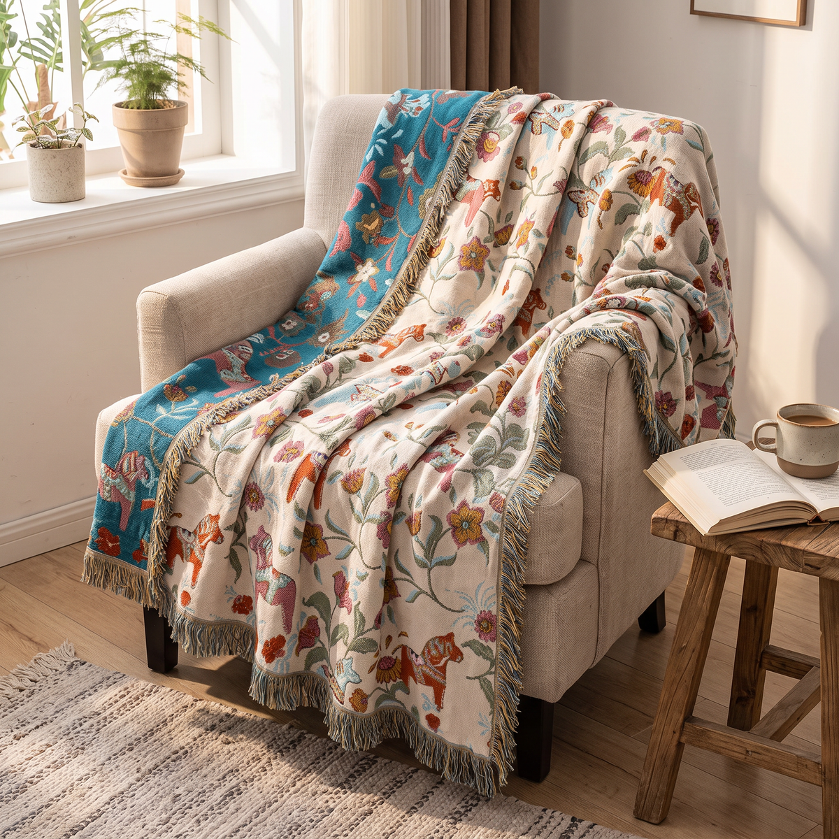 Folk Horse & Flower Reversible Cotton Blanket - lifestyle