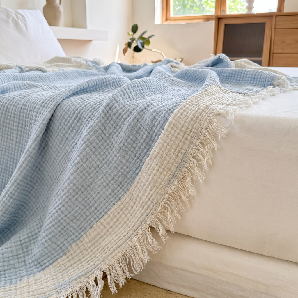 Crinkle Muslin Gauze Blanket with Fringe - lifestyle