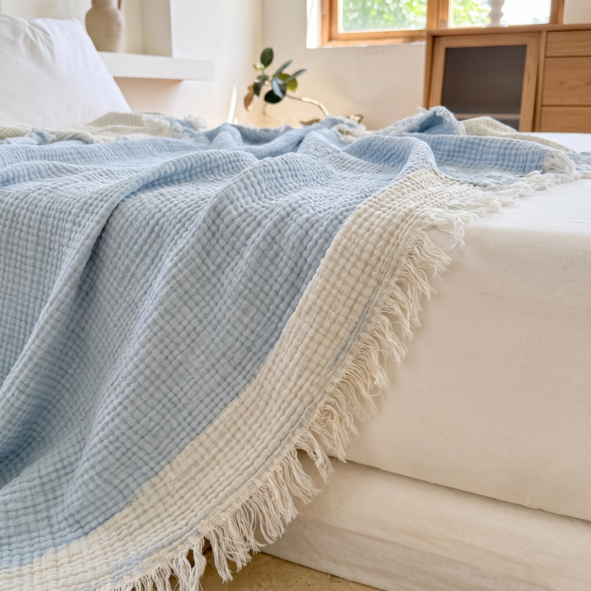 Crinkle Muslin Gauze Blanket with Fringe - lifestyle