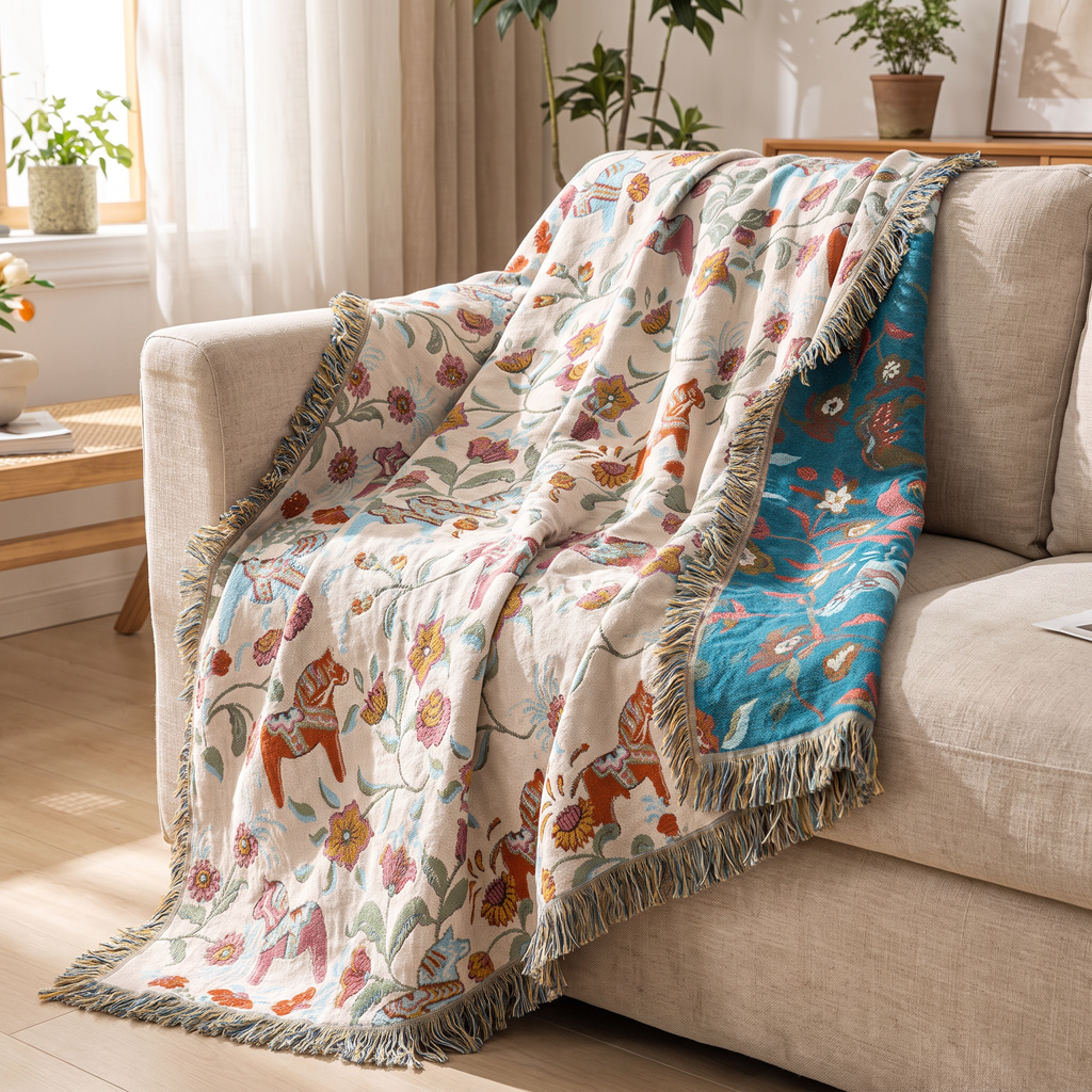 Folk Horse & Flower Reversible Cotton Blanket - lifestyle