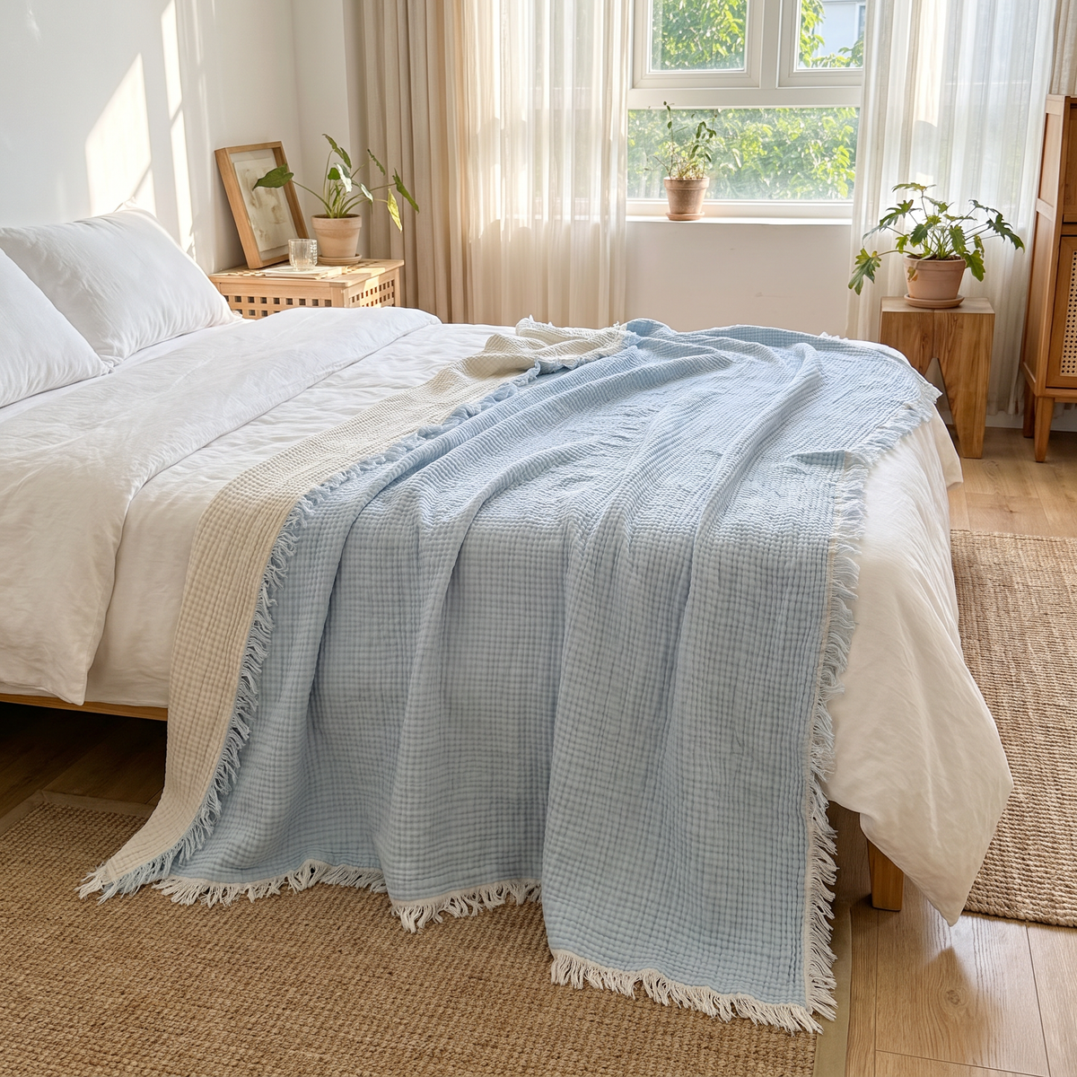 Crinkle Muslin Gauze Blanket with Fringe - lifestyle