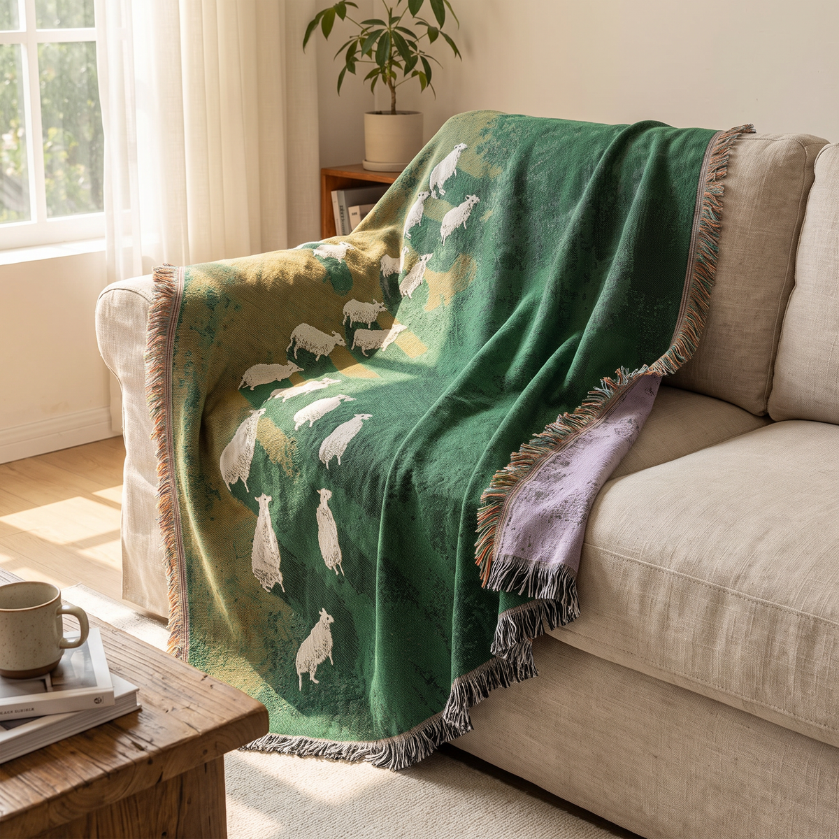 Green Gradient Sheep Woven Throw with Tassels - lifestyle