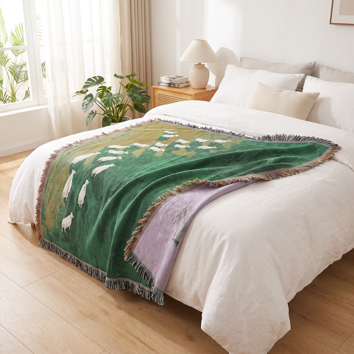 Green Gradient Sheep Woven Throw with Tassels - lifestyle