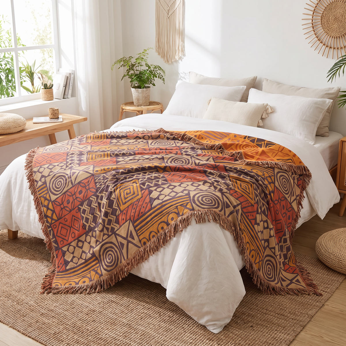 Earthy Tribal Patchwork Reversible Cotton Blanket with Tassels - lifestyle