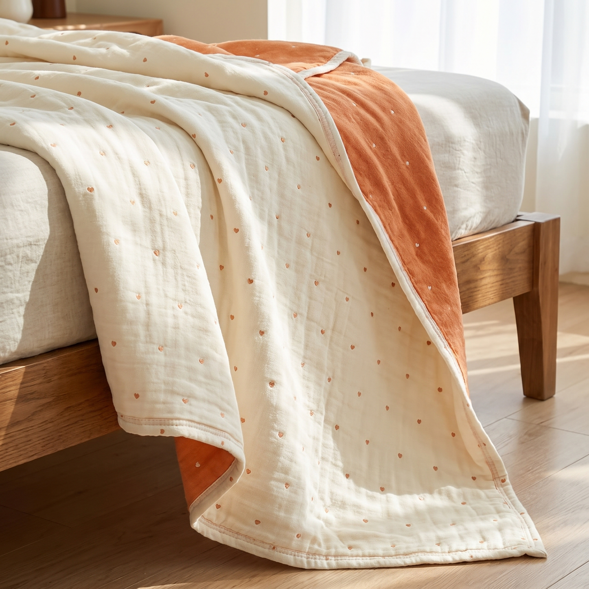 Two-Tone Heart-Stitch Cotton Gauze Blanket - lifestyle