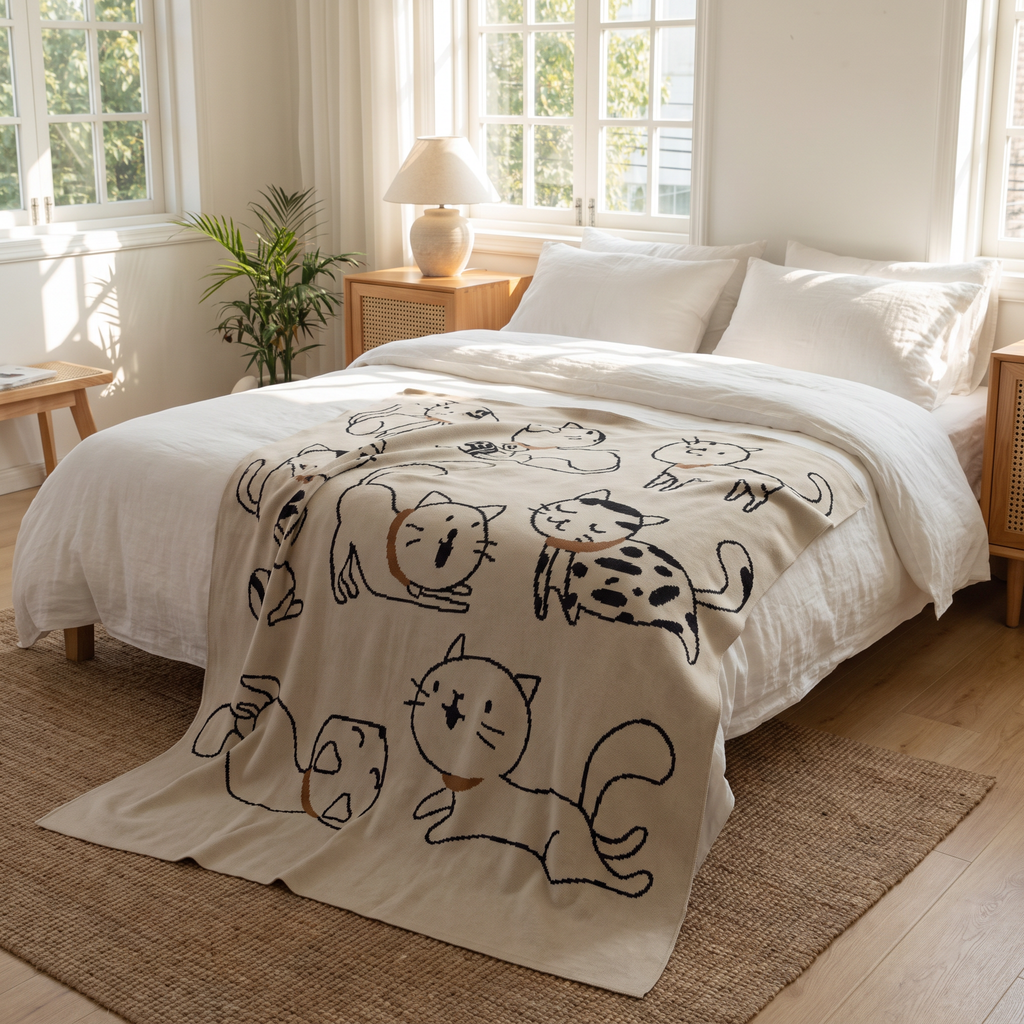 Line-Drawn Cat Jacquard Cotton Nap Blanket - lifestyle