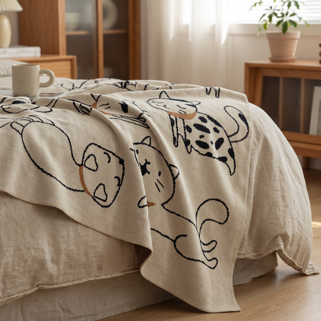 Line-Drawn Cat Jacquard Cotton Nap Blanket - lifestyle
