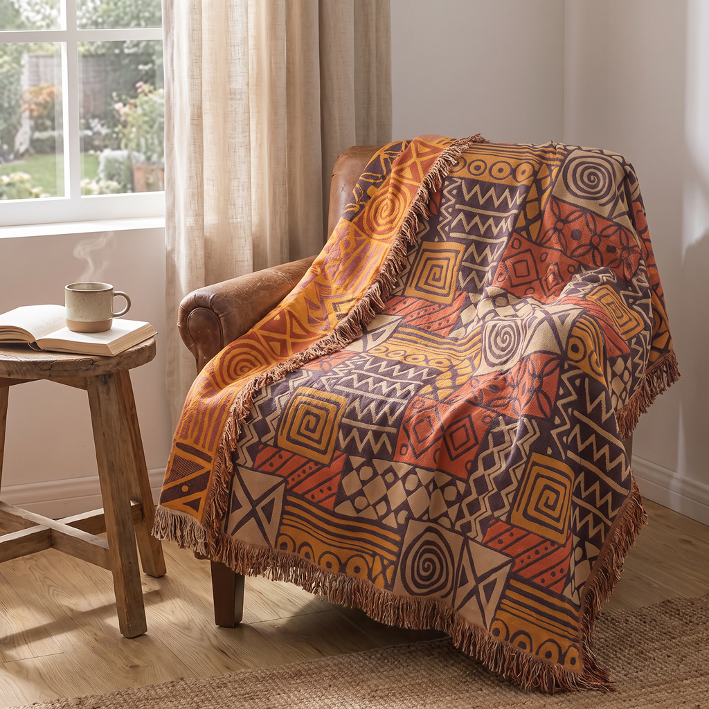 Earthy Tribal Patchwork Reversible Cotton Blanket with Tassels - lifestyle