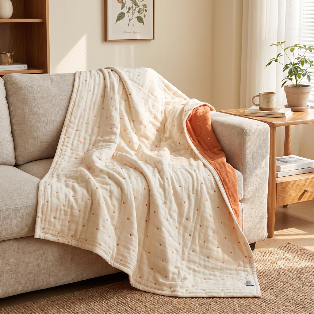 Two-Tone Heart-Stitch Cotton Gauze Blanket - lifestyle
